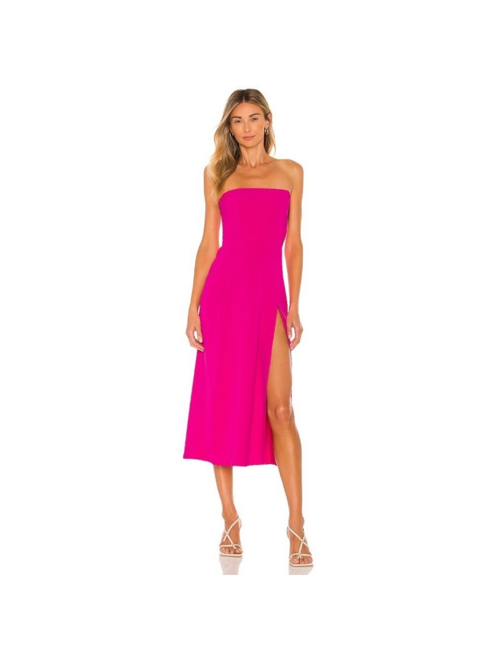 Amanda Uprichard Strapless Hot Pink Midi Dress with Side Slit